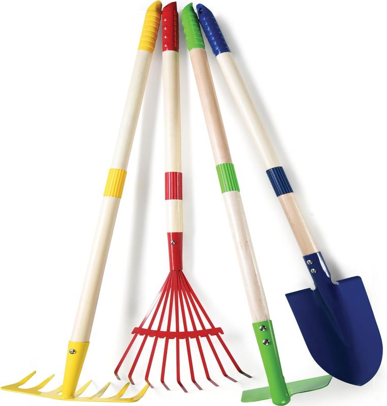 Photo 1 of Play22 Kids Garden Tool Set Toy 4-Piece - Shovel, Rake, Hoe, Leaf Rake, Wooden Gardening Tools for Kids Best Outdoor Toys Gift for Boys and Girls