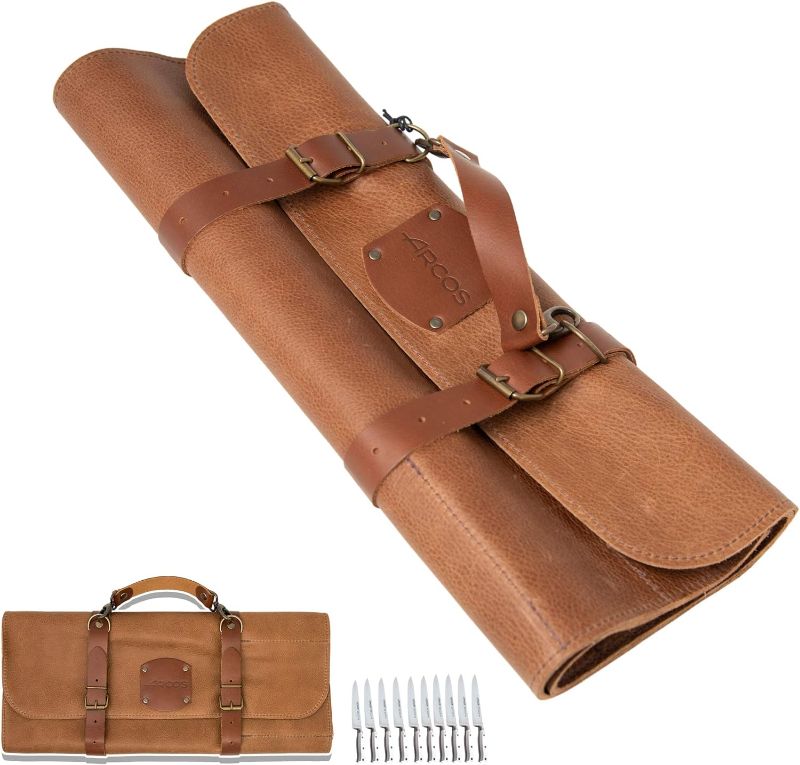 Photo 1 of **BAG ONLY**Arcos Knife Bag, Knife Bag, Professional Kitchen Knife, Pack of 10, 42 cm Long, Carry Handle, Leather, Honey Colour, Adjustable Buckle