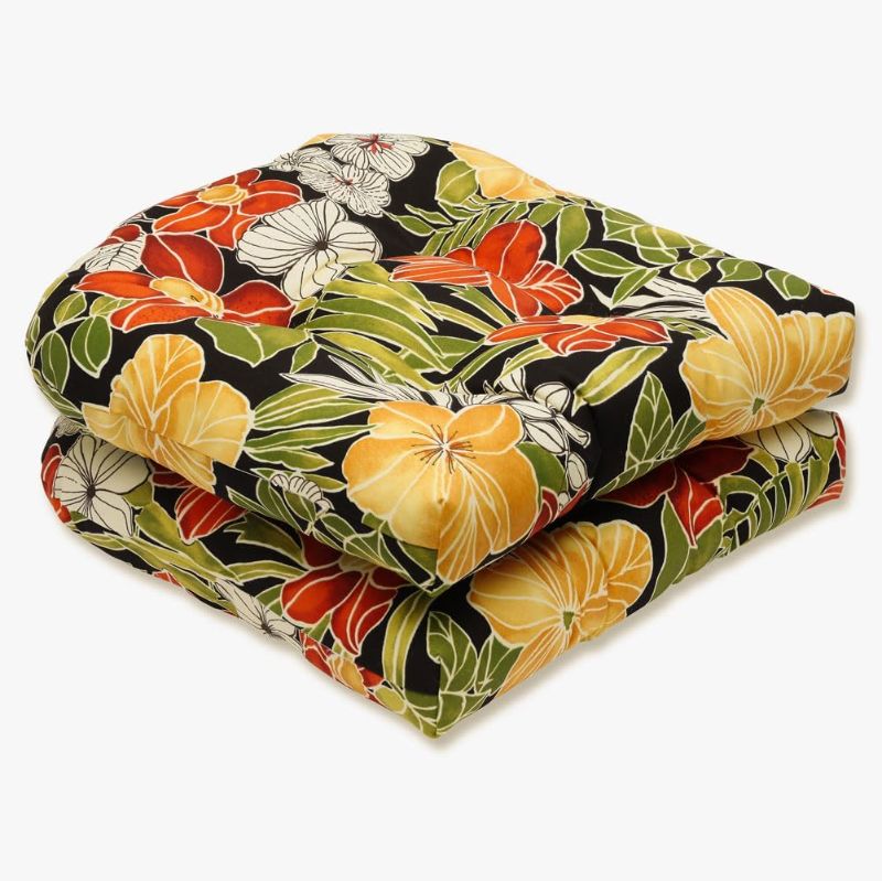 Photo 1 of *NOT THE SAME COLOR* Pillow Perfect Tropic Floral Indoor/Outdoor Chair Seat Cushion, Tufted, Weather, and Fade Resistant, 19" x 19", Black/Green Clemens, 2 Count