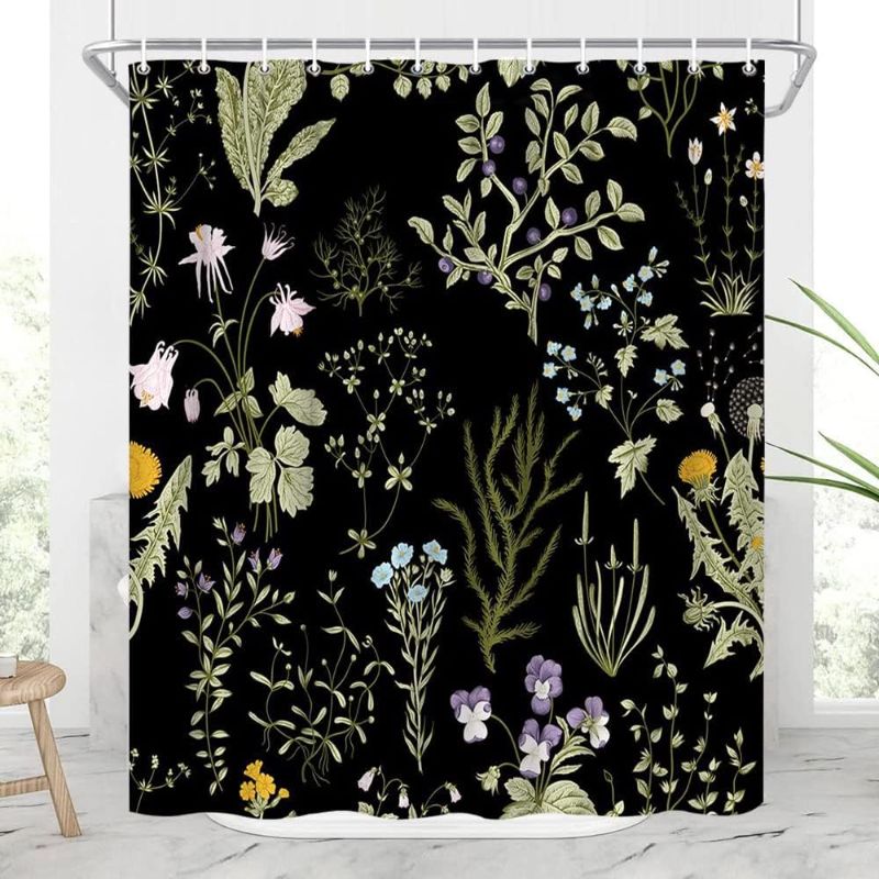 Photo 1 of Black Floral Shower Curtain Vintage Herbal Flower Green Leaves Wildflower Rustic Natural Botanical Polyester Curtains Bathroom Decor with Hooks 