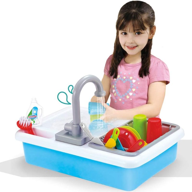 Photo 1 of Kids Role Play Kitchen Sink with Running Water - 20 Piece Electric Dishwashing Toy with Working Faucet, Dish Rack, Plastic Dishes, Sponge, Brush and Pretend Dish Soap