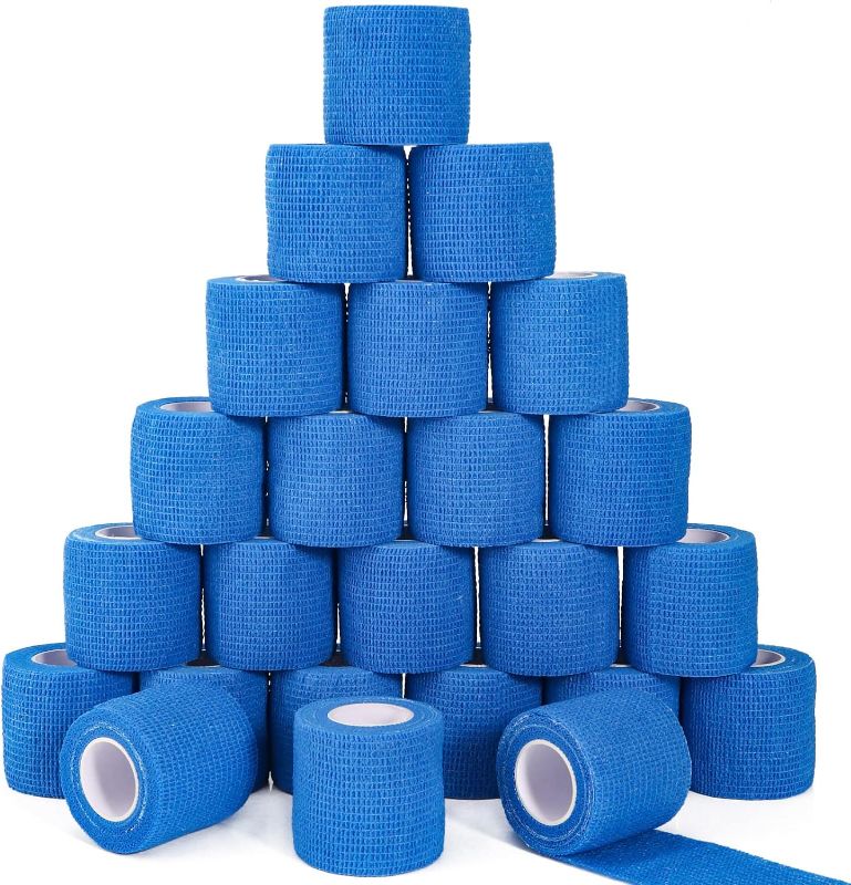 Photo 1 of 24 Pack Self Adhesive Cohesive Bandage Wrap, 2” x 5 Yards Blue Athletic Tape Pre Wrap Elastic Medical Tape Non Woven Bandage Rolls Vet Wrap for First Aid Medical, Sports, Knee, Ankle, Wrist Sprains