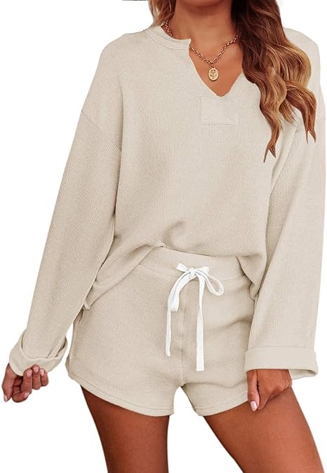 Photo 1 of MEROKEETY Women's Long Sleeve Pajama Set Henley Knit Tops and Shorts Sleepwear Loungewear PINK