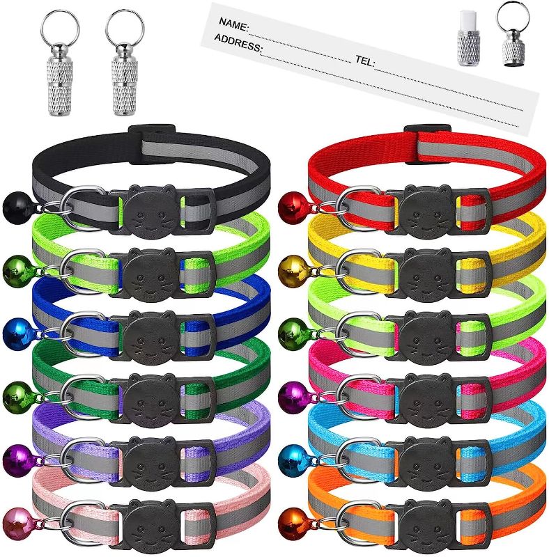 Photo 1 of 12 Pack Reflective-Breakaway Cat Collars with Bells,Safety Buckle Kitten Collar,with Name Tag,Adjustable,Ideal for Girl Cats Male Cats,Pet Supplies,Stuff,Accessories(12 Colors & 2 ID Tags).