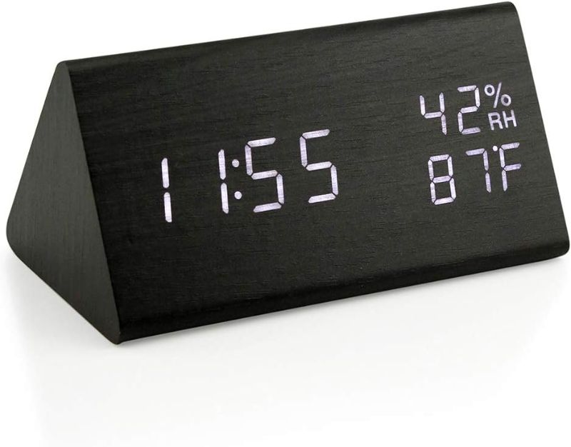 Photo 1 of OCT17 Wooden Alarm Clock, Smart LED Digital Clock for Bedroom/desks, Upgraded with Time Temperature, Adjustable Brightness and Voice Control, Humidity Displaying - Black