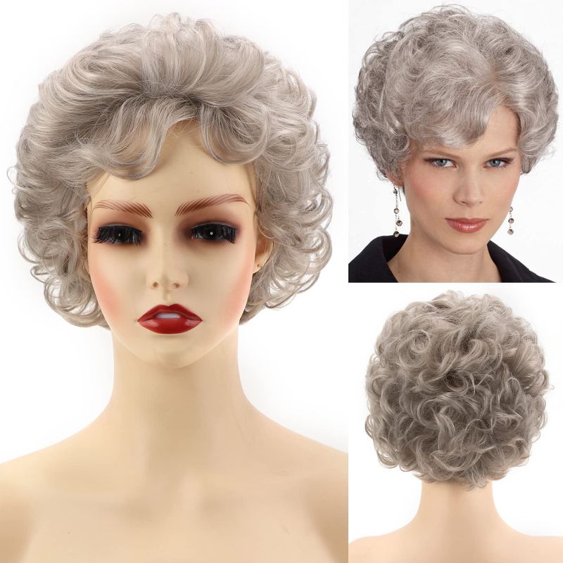 Photo 1 of SEVENCOLORS Short Gray Curly Wigs for White Women Pixie Cut Grey Wigs Natural Looking Synthetic Short Silver White Wigs for Older Lady
