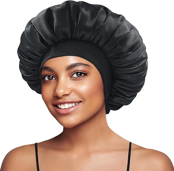 Photo 1 of BONNET QUEEN Silk Bonnet for Sleeping Satin Bonnet Wide Elastic Band Double Layer Bonnet Large Bonnet for Women Curly Hair
