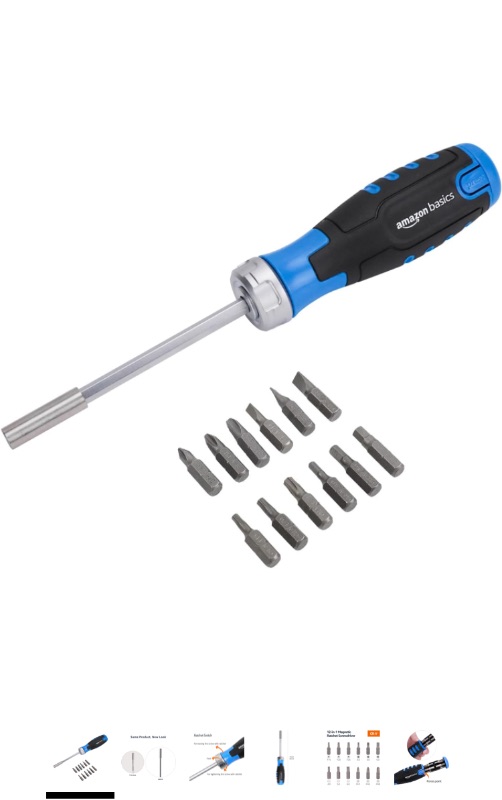 Photo 1 of Amazon Basics 12-in-1 Magnetic Ratchet Screwdriver, Blue, Black, Silver