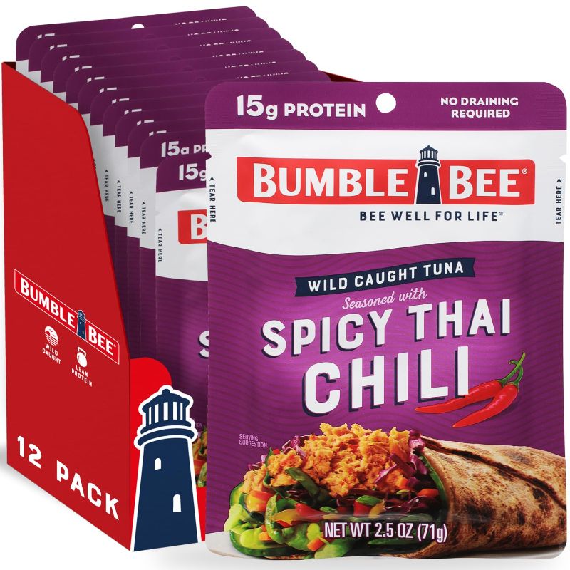 Photo 1 of Bumble Bee Spicy Thai Chili Seasoned Tuna, 2.5 oz Pouches (Pack of 12) - Ready to Eat - Wild Caught Tuna Pouch - 15g Protein per Serving - Gluten Free