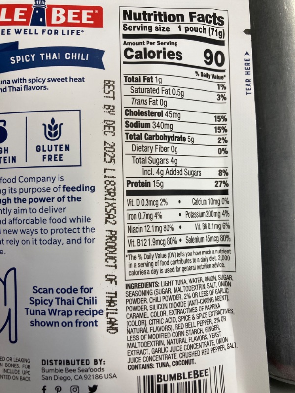 Photo 3 of Bumble Bee Spicy Thai Chili Seasoned Tuna, 2.5 oz Pouches (Pack of 12) - Ready to Eat - Wild Caught Tuna Pouch - 15g Protein per Serving - Gluten Free
