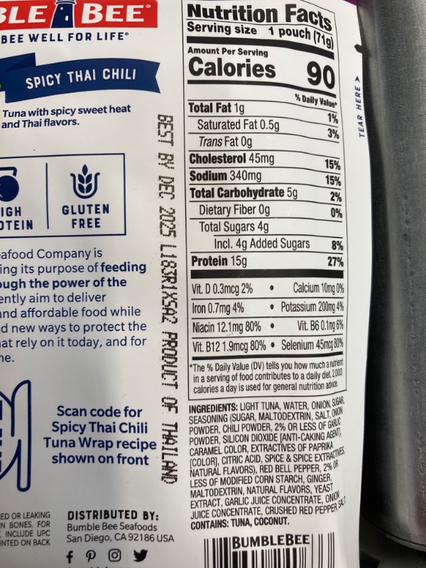 Photo 3 of Bumble Bee Spicy Thai Chili Seasoned Tuna, 2.5 oz Pouches (Pack of 12) - Ready to Eat - Wild Caught Tuna Pouch - 15g Protein per Serving - Gluten Free
