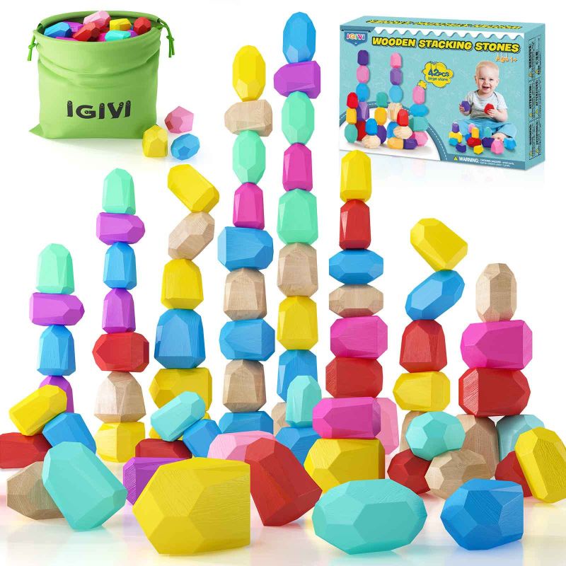 Photo 1 of IGIVI Montessori Toys for 1 2 3 Year Old Boys & Girls, Wooden Stacking Sorting Rocks Balancing Stone, Preschool Educational Sensory Toys for Toddlers, Birthday Gifts for Kids Toys Ages 2-4 5-7