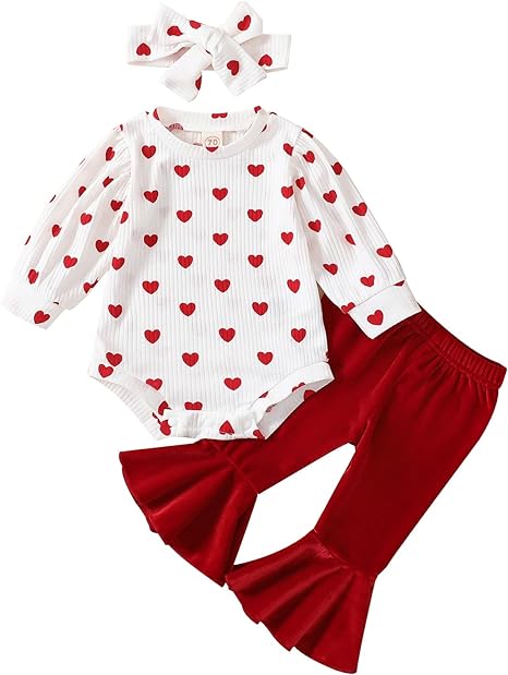 Photo 1 of Baby Girl Valentine's Day Outfits Heart Print Romper+Flared Pants+Headband Infant Clothes Size 80