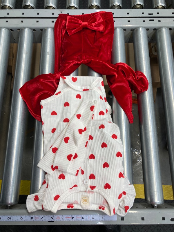 Photo 2 of Baby Girl Valentine's Day Outfits Heart Print Romper+Flared Pants+Headband Infant Clothes Size 80