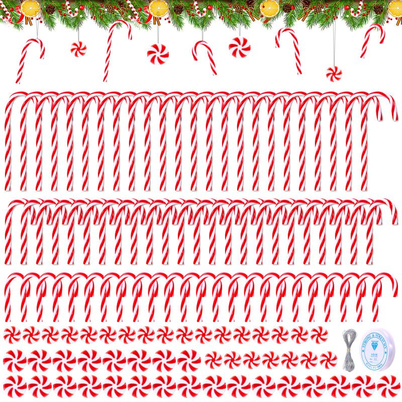 Photo 1 of  (Red, Green, White) 120Pcs Candy Cane Decorations Plastic Candy Cane Tree Hanging Decoration Candy Cane Ornament for Tree Decor Home Indoor Outdoor Party Favor