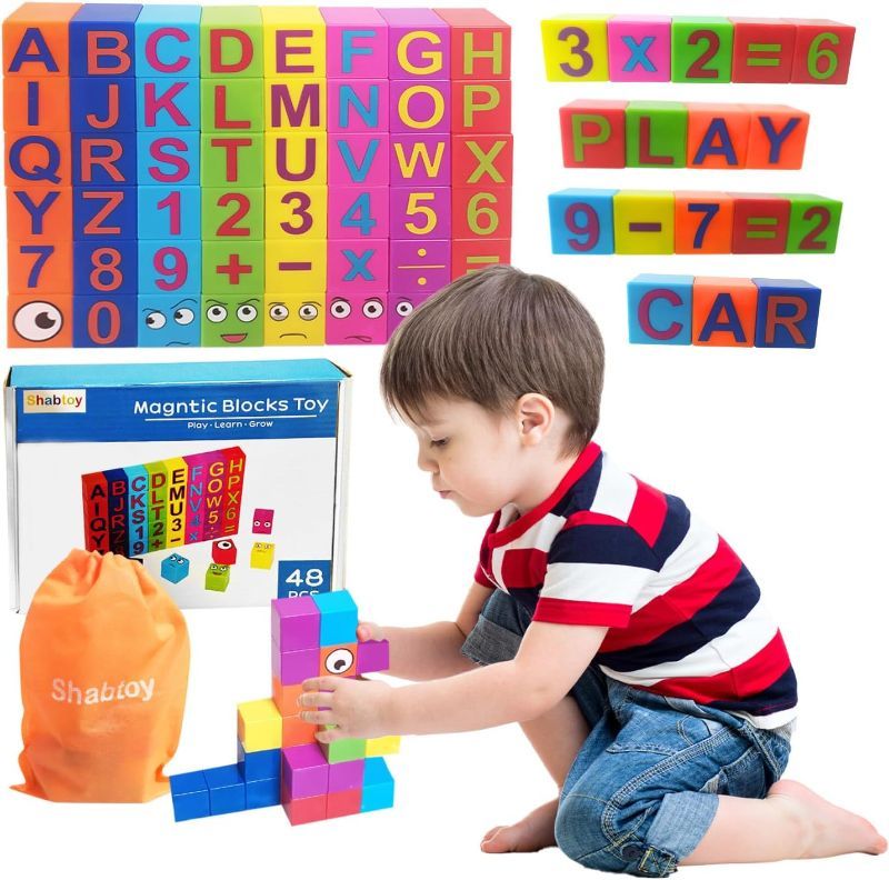 Photo 1 of 48-Piece Magnetic Building Blocks Kit 2.4 by 2.4 cm Montessori Magnet Cubes, Stacking Set Blocks for Toddlers, Educational Sensory Toys for Kids Aged 3 to 8 Years, STEM Learning Gift Set