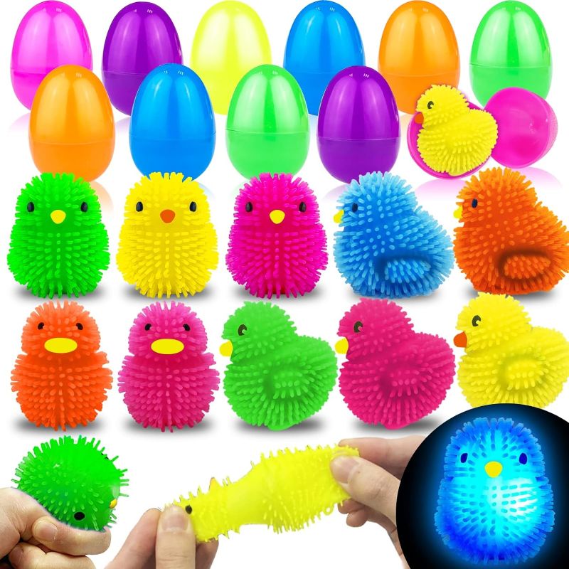 Photo 1 of 12 Pack Easter Eggs Filled Chick Duck LED Puffer Balls,Light Up Stress Relief Fidget Toys Squeeze Sensory Ball for Kids Boys Girls Easter Basket Stuffers Easter Egg Hunt Fillers Party Favor Gift