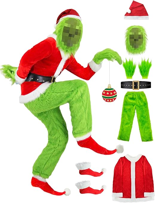 Photo 1 of 8pcs Christmas Green Big Monster Santa Costume Adult Men Deluxe Furry Funny Santa Suit Xmas Holiday Outfit