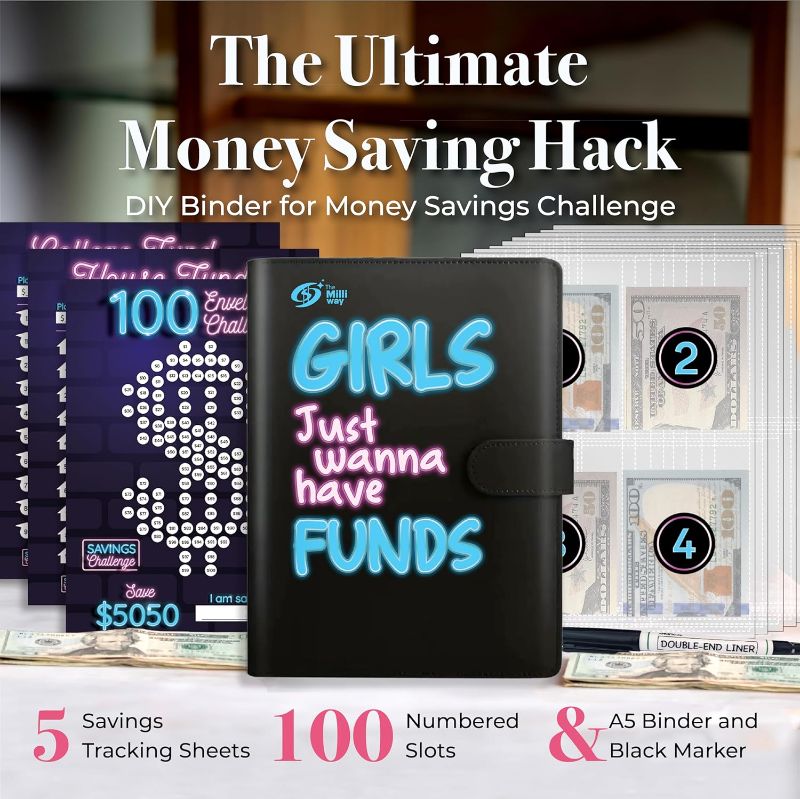 Photo 1 of 100 Envelopes Money Saving Challenge Binder, 100 Envelope Challenge Binder - Fun and Organized Money Saving Book for $5050 Savings in 100 Deposits (Girls Just Wanna Have Funds)