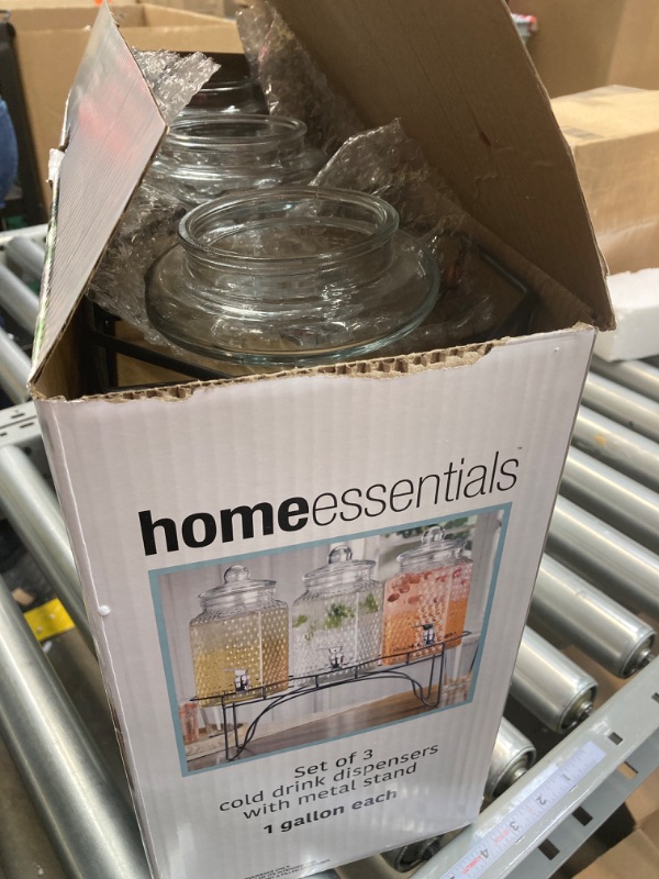 Photo 7 of **see notes**box is damaged on left ,bottom is taped together Elegant Home (3) 1 Gallon Each Quality Ice Cold Clear Hammered Glass Jug Beverage Dispensers Hermetic Seal Metal Display With Easy Fill Spigot- Great For Outdoors, Parties, Bars & Daily Use