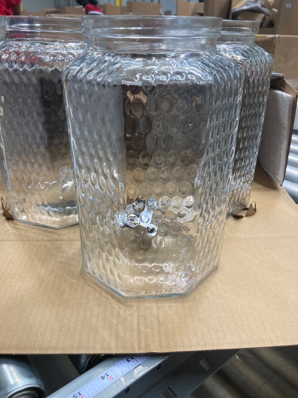 Photo 5 of **see notes**box is damaged on left ,bottom is taped together Elegant Home (3) 1 Gallon Each Quality Ice Cold Clear Hammered Glass Jug Beverage Dispensers Hermetic Seal Metal Display With Easy Fill Spigot- Great For Outdoors, Parties, Bars & Daily Use