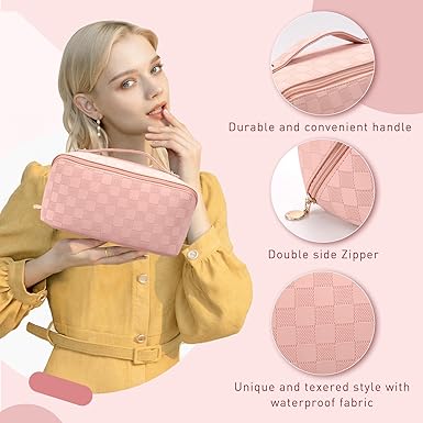 Photo 1 of Makeup Bag Large Capacity Travel Cosmetic Bag Portable Leather Waterproof Women Travel Makeup Bag with Handle and Divider Flat Lay Checkered Cosmetic Bags (Pink)