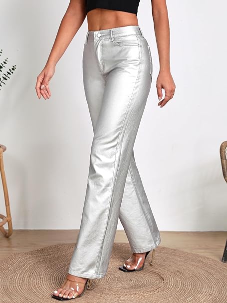 Photo 1 of WDIRARA Women's Metallic High Waist Button Pocket Front Denim Trousers Loose Fit Straight Leg Jeans SIZE 30 