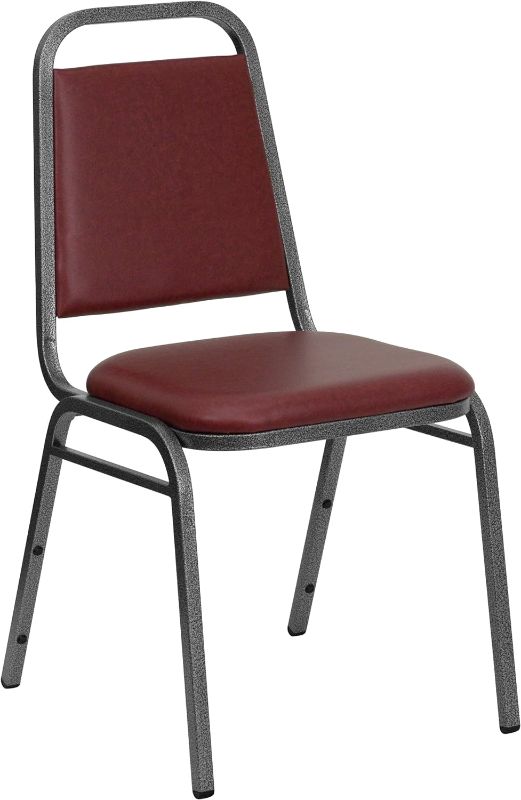 Photo 1 of *** See Photos *** EMMA + OLIVER Trapezoidal Back Stacking Chair, Burgundy Vinyl/Silver Vein Frame 4 set

