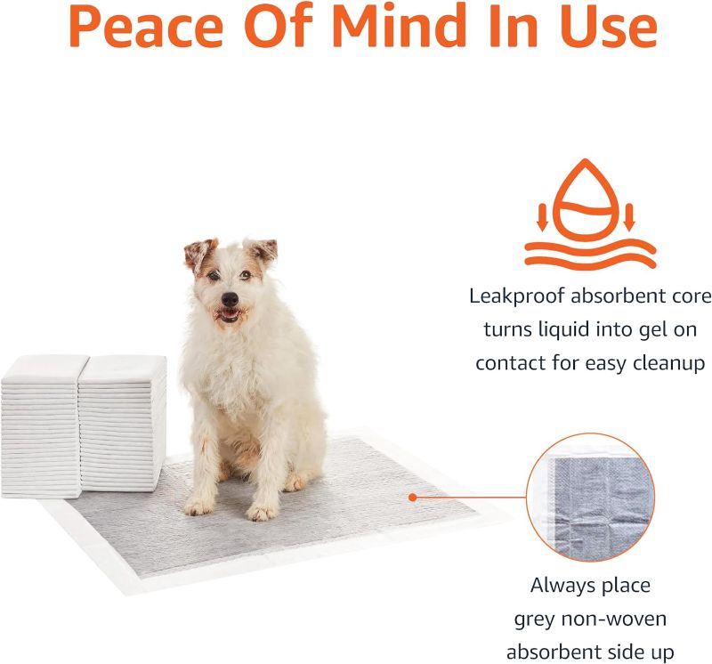 Photo 1 of Amazon Basics Dog and Puppy Pee Pads with 5-Layer Leak-Proof Design and Quick-Dry Surface for Potty Training, Odor-Control Carbon, XL, 28 x 34 Inch - Pack of 50, Gray
