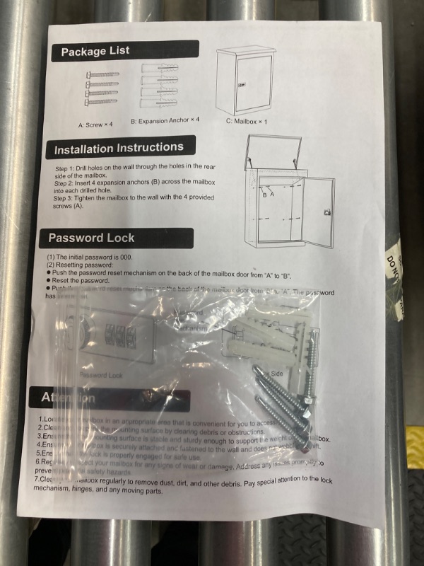 Photo 6 of *** Damaged *** Package Delivery Boxes for Outside, 13.4" x 8.7" x 19.7" Galvanized Steel Parcel Delivery Box with Coded Lock Anti-Theft Baffle, IPX3 Waterproof Wall Mount Mailbox for Porch, Curbside