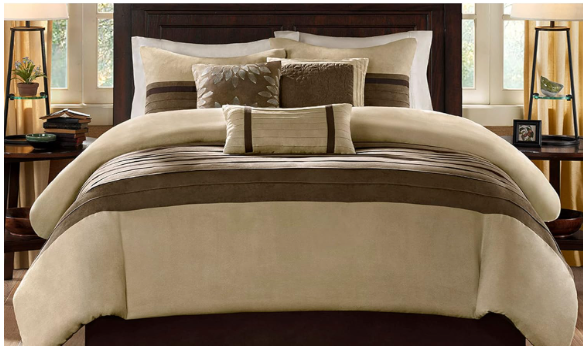 Photo 1 of *** MISSING PIECES *** Madison Park Palmer Comforter Set-Luxury Faux Suede Design, Striped Accent, All Season Down Alternative Bedding, Matching Shams, Decorative Pillow, Bed Skirt, Queen (90 in x 90 in), Natural 7 Piece