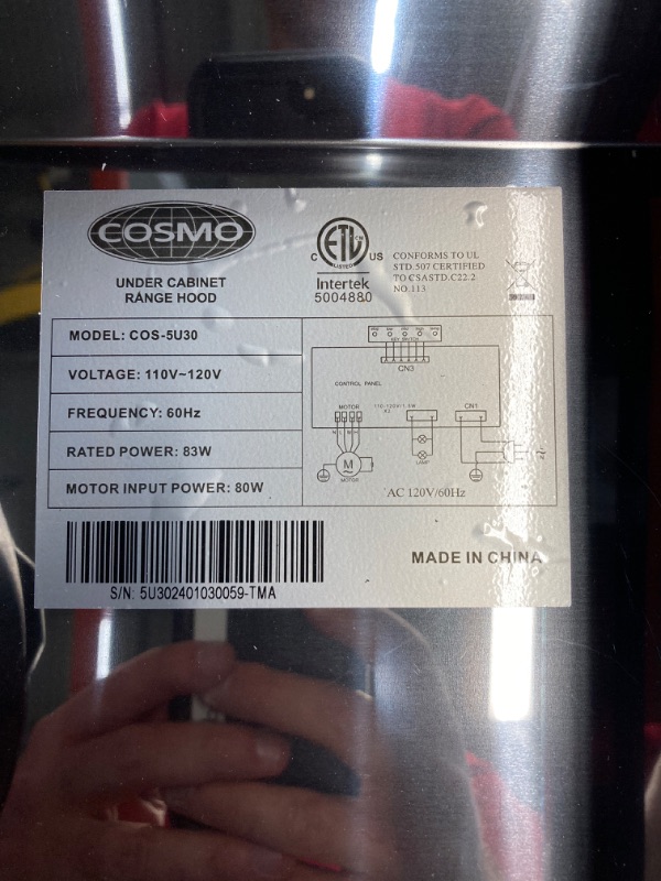 Photo 4 of ***MISSING PIECES*** COSMO 5U30 30 in. Under Cabinet Range Hood with Ducted/Ductless Convertible (Kit Not Included), Slim Kitchen Over Stove Vent, 3 Speed Exhaust Fan, Reusable Filter, LED Lights in Stainless Steel