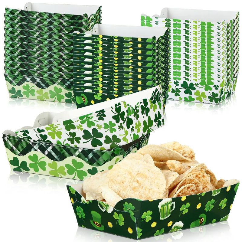 Photo 1 of *** BUNDLE  4 PACK *** 60 Pcs St Patricks Day Party Supplies Disposable St Patricks Day Decoration St Patricks Day Paper Plates Irish Day Shamrock Clover Food Tray for Carnivals, Festivals, Irish Themed Event Decor 4 PACK (240 pcs total)