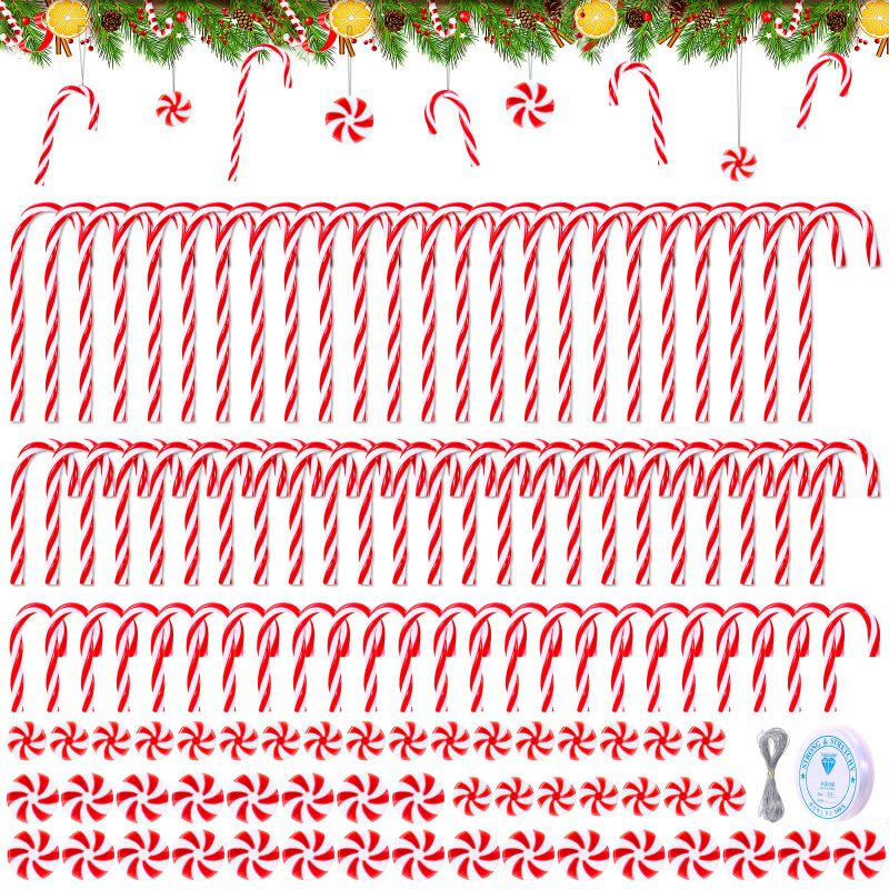 Photo 1 of 120Pcs Candy Cane Decorations Plastic Candy Cane Tree Hanging Decoration Candy Cane Ornament for Tree Decor Home Indoor Outdoor Party Favor, (Red and White)