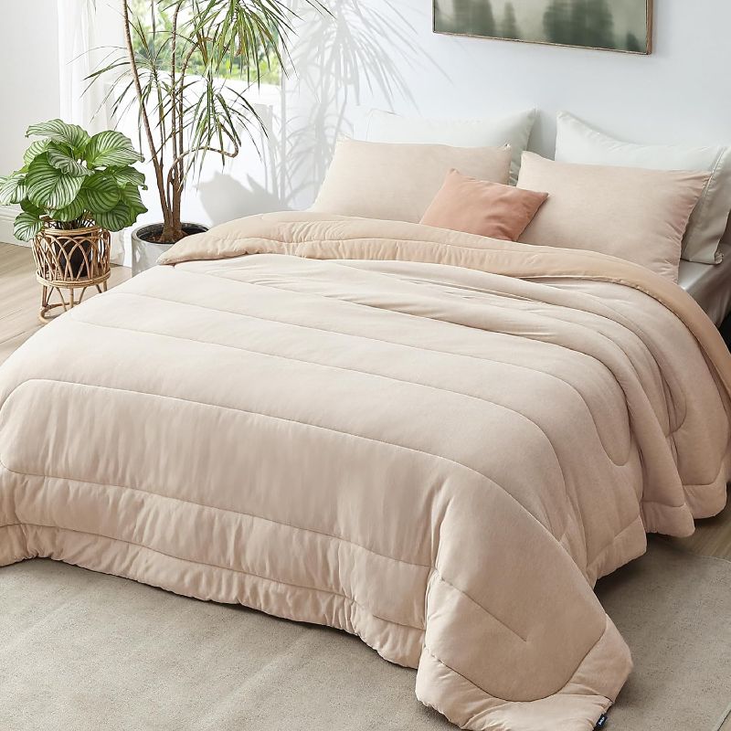 Photo 1 of Bedsure Cal King Comforter Set - Warm Bed Set with Comforters, 3 Pieces All Season Reversible Dual Side Warm Cooling California King Comforter Oversized with 2 Pillow Shams (Beige, 104''x96'') Light Beige-reversible California King