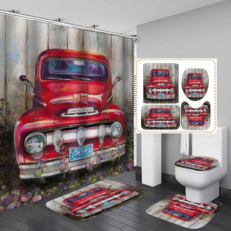 Photo 1 of 4PCS Vintage Red Farm Truck Shower Curtain Set, Antique Car Retro Pickup Truck Watercolor Flower Rustic Wooden Board Country Farmhouse Bathroom Decor, Non-Slip Bath Mat Toilet Rug, Red Car