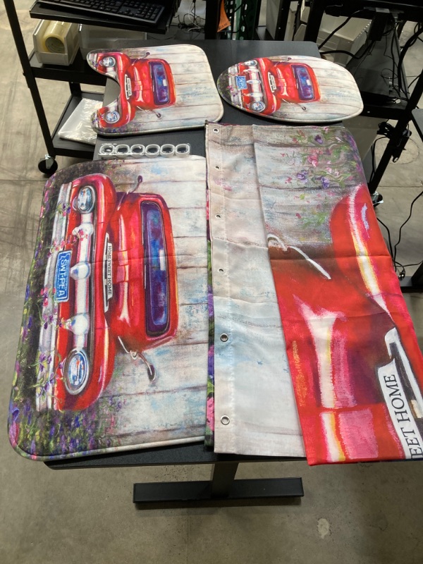 Photo 2 of 4PCS Vintage Red Farm Truck Shower Curtain Set, Antique Car Retro Pickup Truck Watercolor Flower Rustic Wooden Board Country Farmhouse Bathroom Decor, Non-Slip Bath Mat Toilet Rug, Red Car