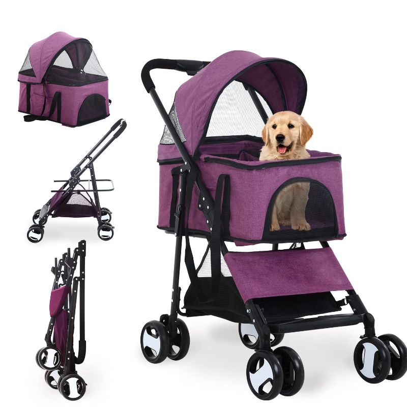 Photo 1 of Dog Stroller 3-in-1 Folding Dog Stroller for Medium Small Dogs Pet Stroller Cat Stroller 4 Wheels with Detachable Carrier Storage Basket Waterproof Lightweight for Travel,Purple
