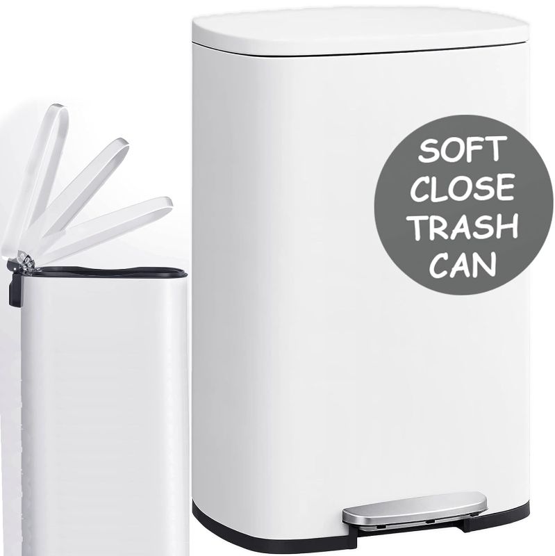 Photo 1 of 13 Gallon Kitchen Trash Can Soft Close with Anti - Bag Slip Liner and Lid, Use as Garbage Basket, Tall Dust Bin, or Decor in Bathroom, Restroom, Kitchen, or Bedroom (13 Gallon, Shiny White