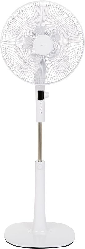 Photo 1 of Amazon Basics Oscillating Dual Blade Standing Pedestal Fan with Remote, Quiet DC Motor, 16 Inch, White