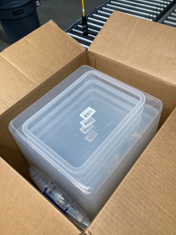 Photo 1 of HOMZ 31 Quart Clear Plastic Modular Storage Bins, Secure Latching Lid, Easy Grip Handles, Stackable and Nestable, Home Organization, Pack of 4 Large Tote Containers Blue 31 Quart 31 Quart (4 Pack)