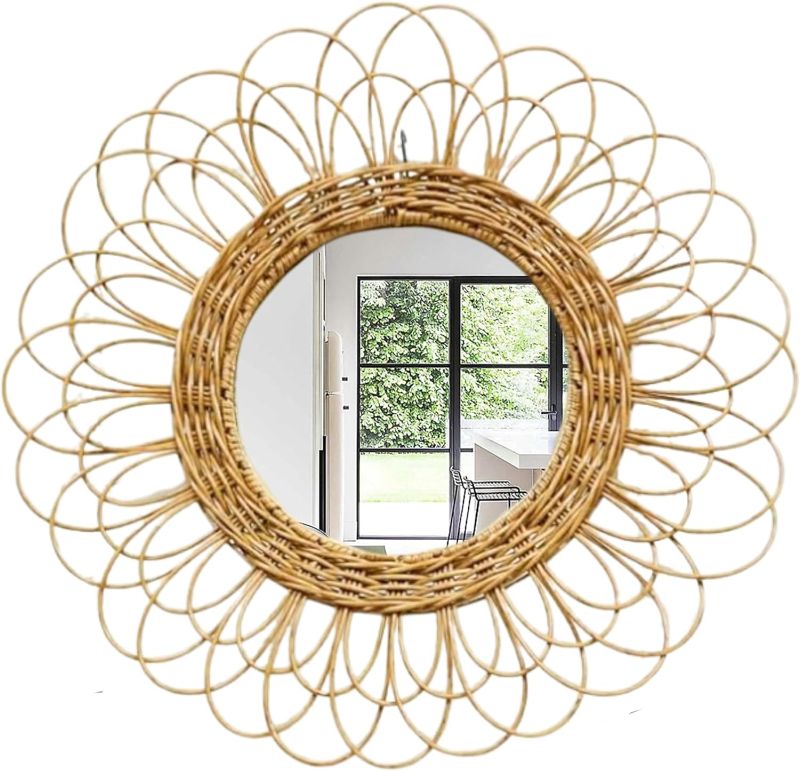 Photo 1 of Bohemian Sunburst Rattan Wall Mirror - Decorative Round Wicker Mirror, Friendly Natural Fiber, for Living Room, Bedroom, Entryway, Hallway, Handcrafted, Stylish Home Decor