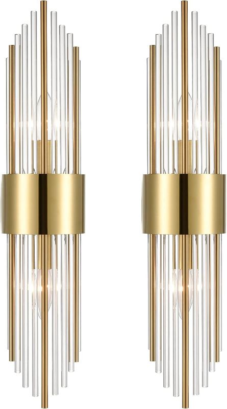 Photo 1 of 2-Light Modern Brushed Titanium Gold Wall Sconce with Clear Glass Crystal Luxury Wall Light Fixtures for Bedroom Living Room Bathroom Vanity Mirror Light Fixtures Set of 2
