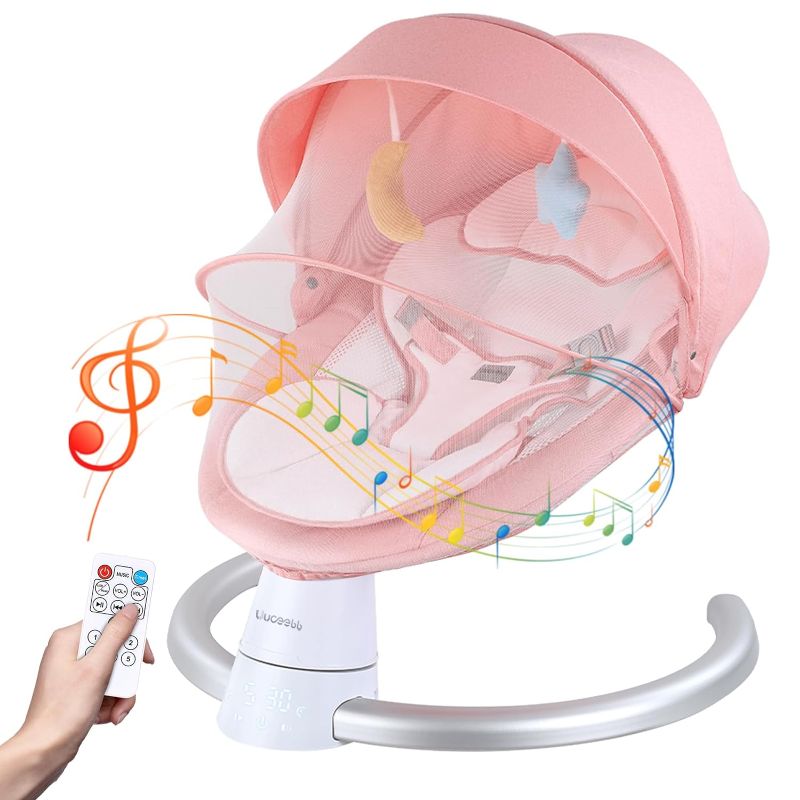 Photo 1 of Baby Swing for Infants, Portable Electric Baby Rocker Bluetooth Support with 5 Swing Speed 10 Lullabies, Remote Control/Touch Panel - Infant Swing for Indoor and Outdoor Use, Pink
