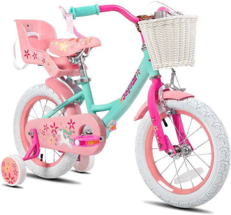 Photo 1 of JOYSTAR Unicorn Girls Bike for 2-9 Years Old Kids, 12 14 18 Inch Kids Bike with Training Wheels, Knee & Elbow Pads, Basket and Doll Seat, Children Bicycles