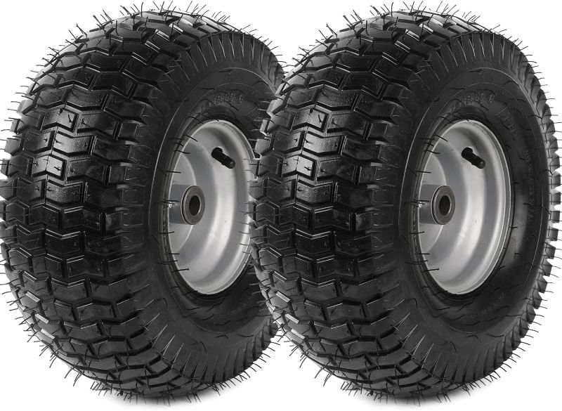 Photo 1 of (2 Pack) 15 x 6.00-6 Lawn Mower Tire and Wheel Set - 15x6-6 Front Tires with Rim Assemblies (4 Ply), 3" Offset Hub and 3/4" Bushings - Compatible with John Deere Riding Mower, Lawn Tractor
