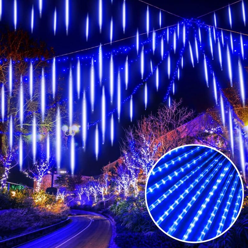 Photo 1 of EEIEER Meteor Shower Lights, 11.8 inches 10 Tubes 240 LED Christmas Meteor Lights Snowfall Lights for Outdoor Decoration, Waterproof Falling Rain Drop Lights for Garden Tree Party Holiday-Blue
