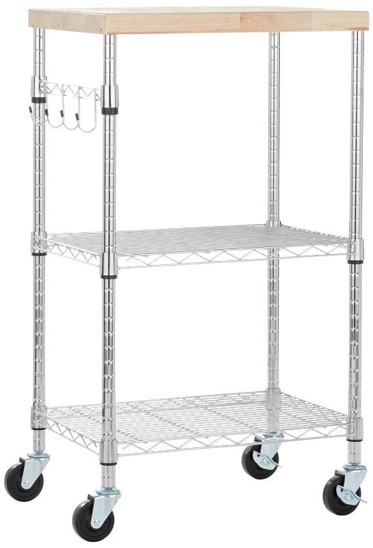 Photo 1 of Amazon Basics Kitchen Storage Microwave Rack Cart on Caster Wheels with Adjustable Shelves, 175 Pound Capacity, 24 x 15.5 x 36.8 inches, Wood/Chrome