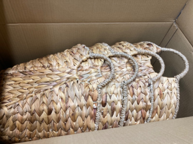 Photo 1 of 4 Pcs Seagrass Handmade Large Woven Storage Basket with Handles Natural Water Hyacinth Laundry Baskets Seagrass Laundry Hamper Wicker Blanket for Living Room Bathroom Dirty Clothes Toys Nursery
