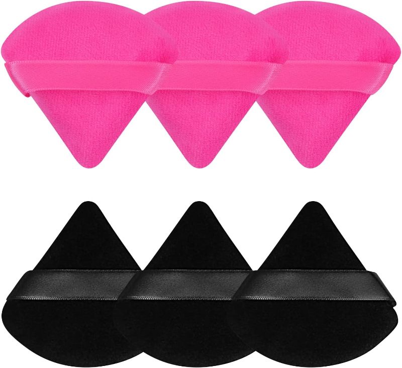 Photo 1 of Face Soft Triangle Makeup Puff for Loose Powder Body Powder, Velour Cosmetic Sponges Blender for Contouring, Under Eyes and Corners, Beauty Makeup Tools, Black and Hot Pink